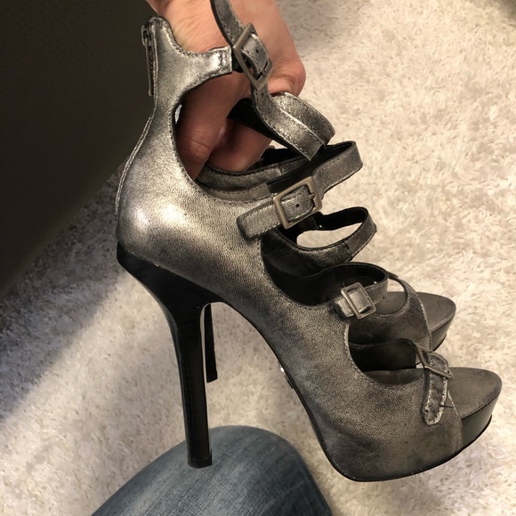 bebe Shoes - Bebe Silver Platform Caged Heels Size 9